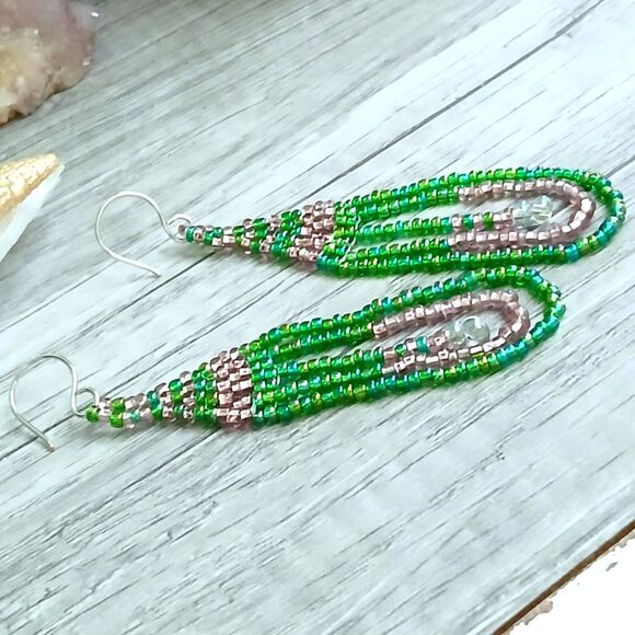 Boho Chic Beaded Dangle Earrings, Pink & Green, Seed Bead Jewelry, 3.5" - Picture 5 of 9
